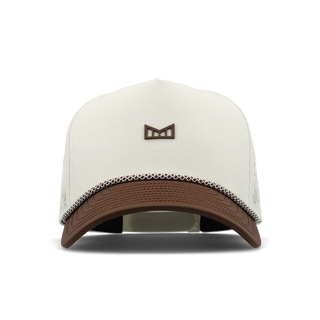 melin Odysea Rope Bulls Icon Hydro Hat in Frosted Birch with an off-white crown, brown curved visor and front logo, patterned rope trim, and perforated side panels.