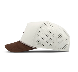 melin Odysea Rope Bulls Icon Hydro Hat in Frosted Birch with an off-white crown, brown curved visor and front logo, patterned rope trim, and perforated side panels.