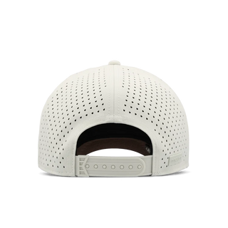 melin Odysea Rope Bulls Icon Hydro Hat in Frosted Birch with an off-white crown, brown curved visor and front logo, patterned rope trim, and perforated side panels.