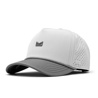 melin Odysea Rope Bulls Icon Hydro Hat in White/Grey with a white crown, grey curved visor and front logo, patterned rope trim, and perforated side panels.