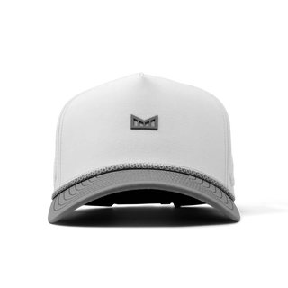 melin Odysea Rope Bulls Icon Hydro Hat in White/Grey with a white crown, grey curved visor and front logo, patterned rope trim, and perforated side panels.
