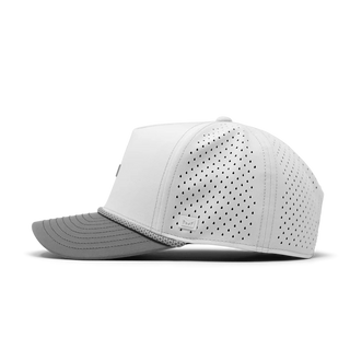 melin Odysea Rope Bulls Icon Hydro Hat in White/Grey with a white crown, grey curved visor and front logo, patterned rope trim, and perforated side panels.