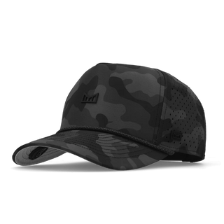 melin Odysea Rope Bulls Icon Hydro Hat in Black Camo with a dark camouflage pattern, curved visor, black rope trim, tonal front logo, and perforated side panels.