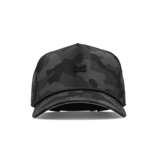 melin Odysea Rope Bulls Icon Hydro Hat in Black Camo with a dark camouflage pattern, curved visor, black rope trim, tonal front logo, and perforated side panels.