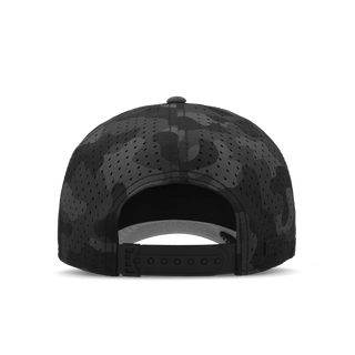 melin Odysea Rope Bulls Icon Hydro Hat in Black Camo with a dark camouflage pattern, curved visor, black rope trim, tonal front logo, and perforated side panels.