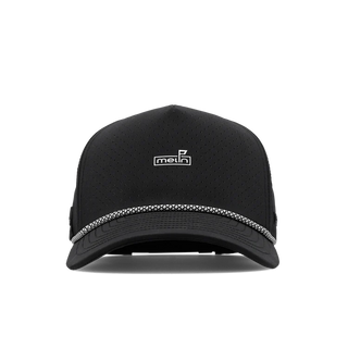 melin Odysea Rope Links Hydro Hat in Black — MagnaLink ball marker, 4-Way Stretch, Microperf panels, water repellent, antimicrobial, moisture-wicking, built for the golf course
