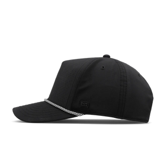 melin Odysea Rope Links Hydro Hat in Black — MagnaLink ball marker, 4-Way Stretch, Microperf panels, water repellent, antimicrobial, moisture-wicking, built for the golf course