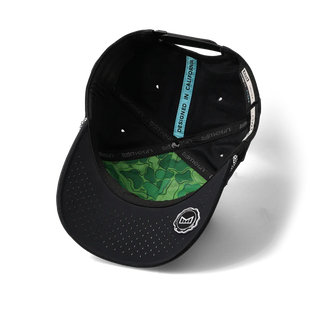 melin Odysea Rope Links Hydro Hat in Black — MagnaLink ball marker, 4-Way Stretch, Microperf panels, water repellent, antimicrobial, moisture-wicking, built for the golf course