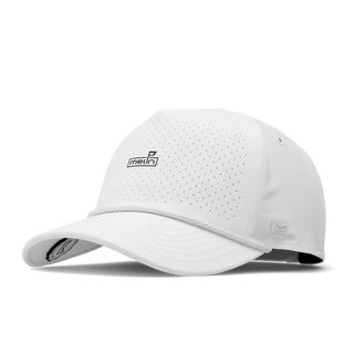 melin Odysea Rope Links Hydro Hat in White with perforated front panels, a small melin logo, rope trim, and a curved visor.
