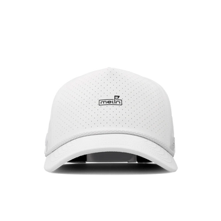 melin Odysea Rope Links Hydro Hat in White with perforated front panels, a small melin logo, rope trim, and a curved visor.