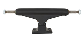 Independent 149 Stage 11 Blackout trucks with flat black powder coat, orange cushions, aluminum hanger, and chromoly axle.