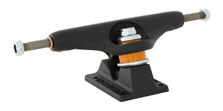 Independent 149 Stage 11 Blackout trucks with flat black powder coat, orange cushions, aluminum hanger, and chromoly axle.