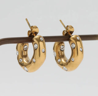 ALCO Sophie hoops in 18K gold-plated stainless steel with cubic zirconia stones and push back closure for elegance.