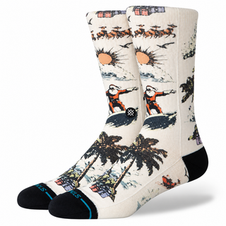 Stance San O Claus Crew Socks in Cream — surf-inspired Santa Claus graphic, arch support, targeted cushioning, Y-heel construction, crew length