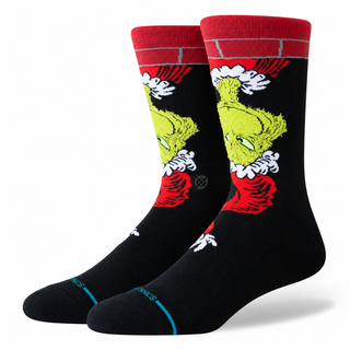 Stance Down The Chimney Crew Socks in Black — fuzzy Grinch graphic, arch support, cushioned footbed, Y-heel construction, crew length