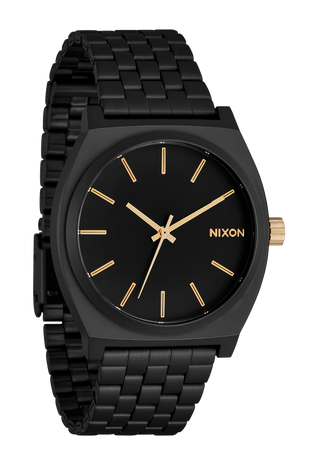 Nixon Time Teller Matte Black/Gold analog watch with black stainless steel bracelet and gold-tone dial accents.