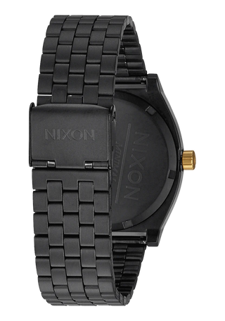 Nixon Time Teller Matte Black/Gold analog watch with black stainless steel bracelet and gold-tone dial accents.