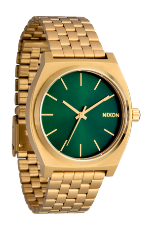 Nixon Time Teller Gold/Green Sunray analog watch with gold stainless steel bracelet and green sunray dial.