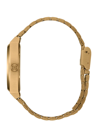 Nixon Time Teller Gold/Green Sunray analog watch with gold stainless steel bracelet and green sunray dial.