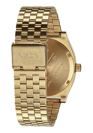 Nixon Time Teller Watch in Gold with a Green Sunray dial, stainless steel construction, and waterproof design.