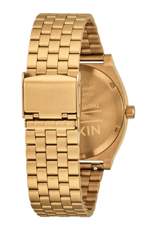 Nixon Time Teller Gold/Green Sunray analog watch with gold stainless steel bracelet and green sunray dial.