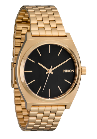 Nixon Time Teller All Gold/Black Sunray analog watch with gold stainless steel bracelet and black sunray dial.