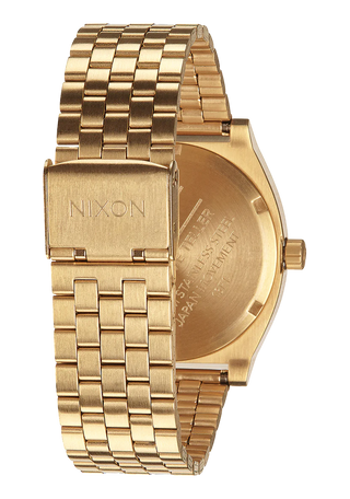 Nixon Time Teller All Gold/Black Sunray analog watch with gold stainless steel bracelet and black sunray dial.