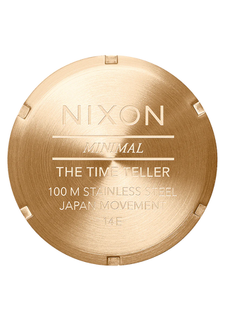 Nixon Time Teller All Gold/Black Sunray analog watch with gold stainless steel bracelet and black sunray dial.