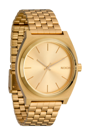 Nixon Time Teller All Gold analog watch with gold stainless steel bracelet and matching minimalist dial.