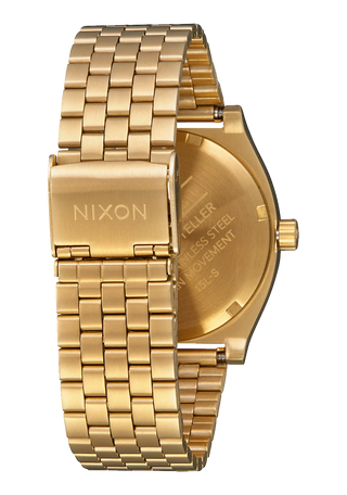Nixon Time Teller All Gold analog watch with gold stainless steel bracelet and matching minimalist dial.