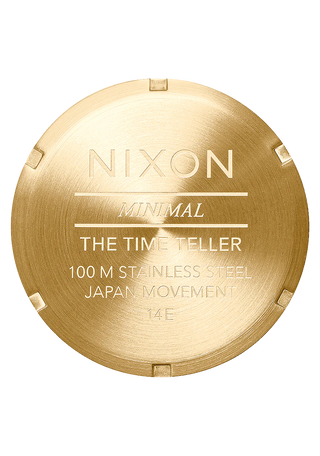 Nixon Time Teller All Gold analog watch with gold stainless steel bracelet and matching minimalist dial.