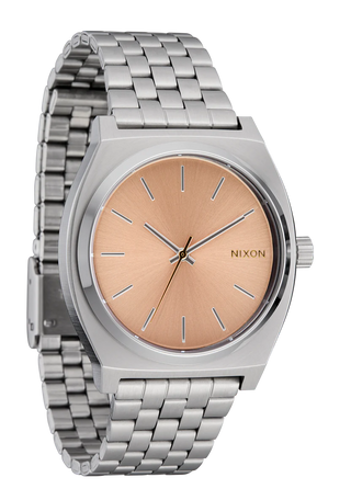 Nixon Time Teller Silver/Coral analog watch with stainless steel bracelet and vibrant coral dial.