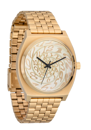 Nixon Time Teller 4th Dimension Gold/Vintage White watch with gold stainless steel bracelet and vintage white dial.