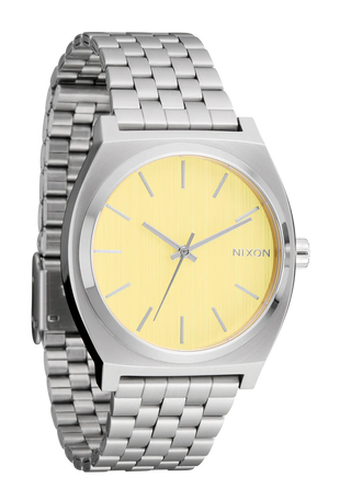 Nixon Time Teller Silver/Butter analog watch with stainless steel bracelet and soft butter-yellow dial.