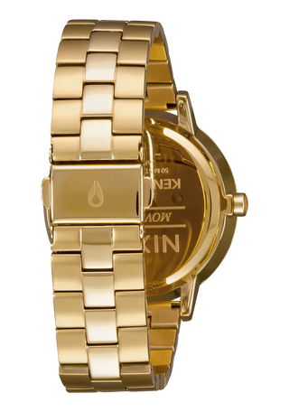 Nixon Kensington Watch in All Gold with engraved dial details, stainless steel bracelet, and classic design.