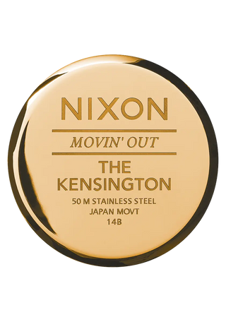 Nixon Kensington Watch in All Gold with engraved dial details, stainless steel bracelet, and classic design.