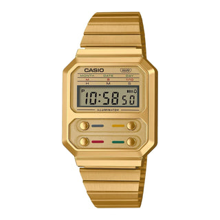 Casio Vintage Gold Watch, A100WEG-9AVT, retro-inspired, four-button layout, stopwatch, LED backlight, stylish and functional.