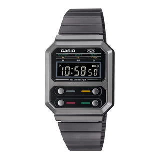Casio Vintage A100WEGG-1AVT watch in black with grey gun metallic ion-plated band and LED backlight.