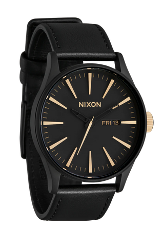 Nixon Sentry Leather Matte Black/Gold watch with black leather strap and gold-accented analog dial.