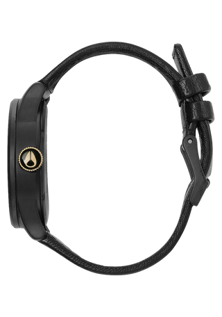 Nixon Sentry Leather Matte Black/Gold watch with black leather strap and gold-accented analog dial.