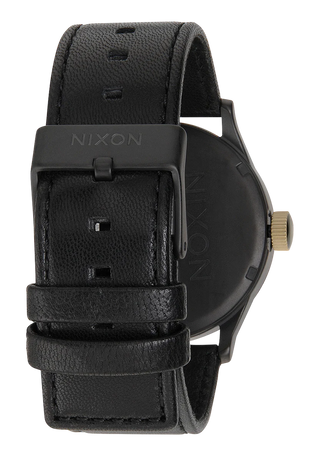 Nixon Sentry Leather Matte Black/Gold watch with black leather strap and gold-accented analog dial.