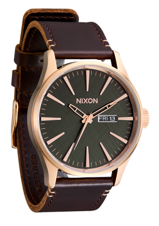 Nixon Sentry Leather Rose Gold/Gunmetal/Brown watch with brown leather strap and gunmetal analog dial.