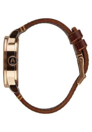 Nixon Sentry Leather Rose Gold/Gunmetal/Brown watch with brown leather strap and gunmetal analog dial.