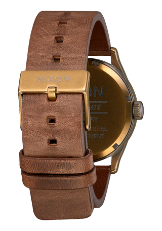 Image of the Nixon Sentry Leather Blue and Brown Watch, a classic dress watch with a black dial and brown leather strap.