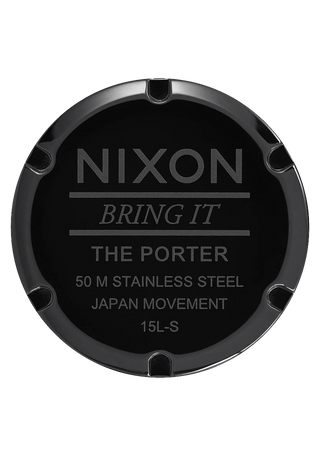 Nixon Porter Leather All Black analog watch with black leather strap and minimalist black dial.