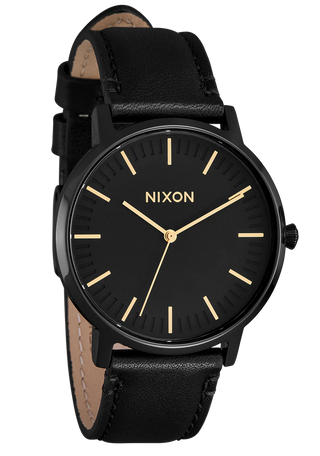 Nixon Porter Leather All Black/Gold analog watch with black leather strap and gold-accented black dial.