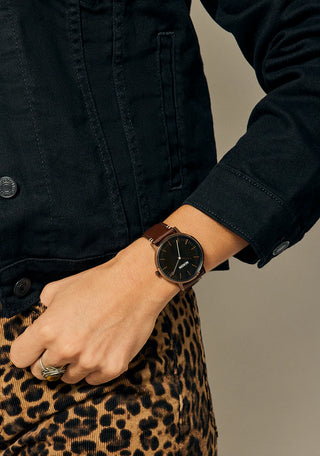 Nixon Porter Leather Chocolate/Dark Roast/Brown analog watch with brown leather strap and deep brown dial.