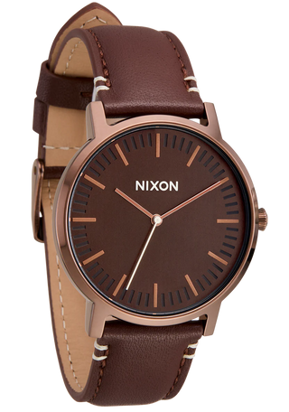 Nixon Porter Leather Chocolate/Dark Roast/Brown analog watch with brown leather strap and deep brown dial.