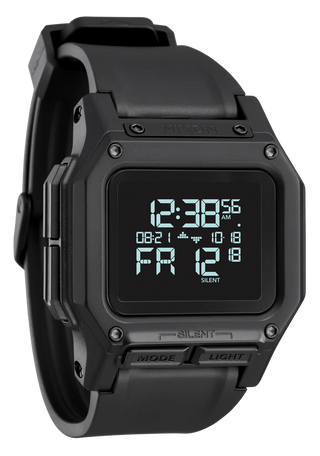 Nixon Regulus All Black digital watch with high-contrast LCD display and black TPU strap.