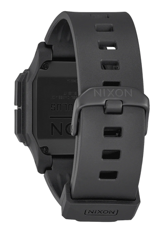 Nixon Regulus All Black digital watch with high-contrast LCD display and black TPU strap.